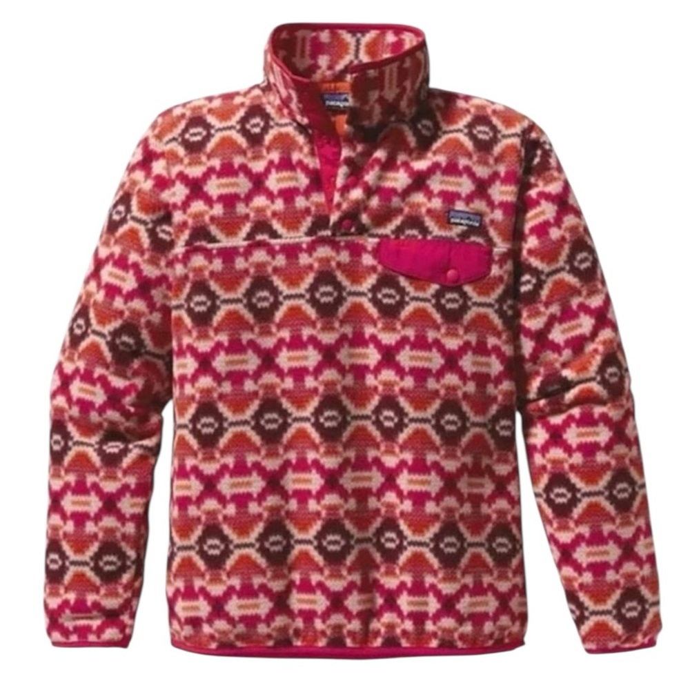 Patagonia Pink Red Brown Patterned Teddy Fleece Pullover Jacket